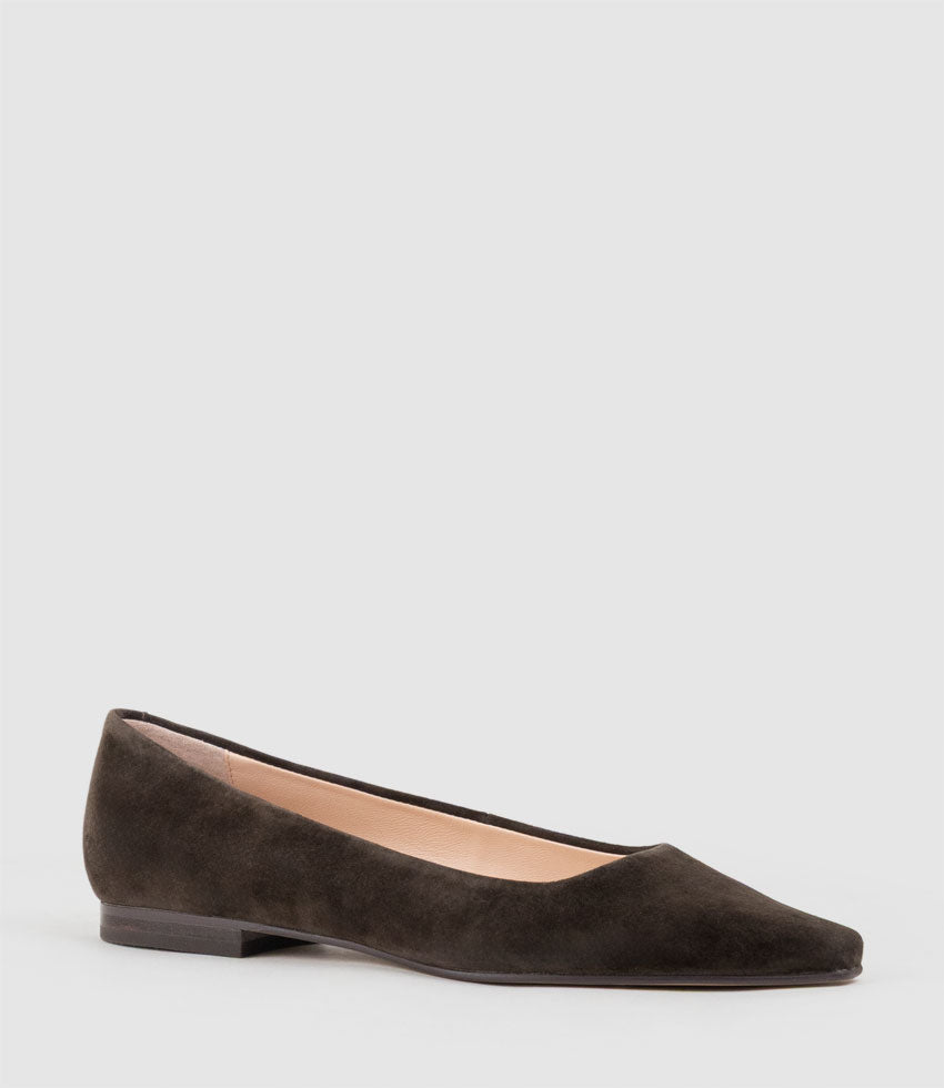 ELVY Chiselled Flat Pump in Chocolate Suede - Edward Meller