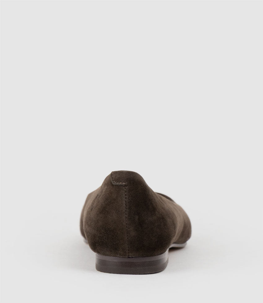 ELVY Chiselled Flat Pump in Chocolate Suede - Edward Meller