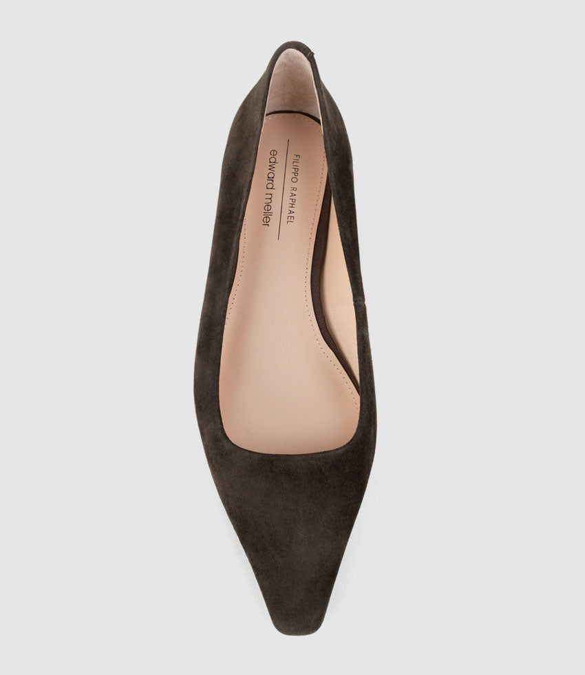 ELVY Chiselled Flat Pump in Chocolate Suede - Edward Meller