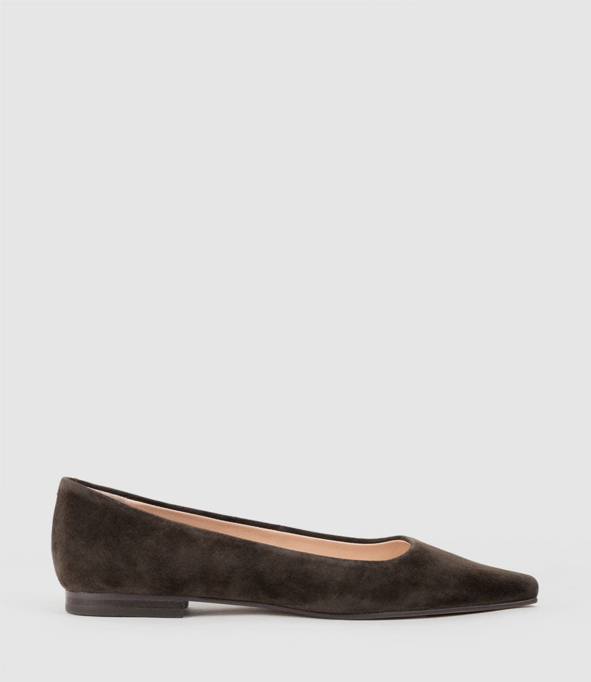 ELVY Chiselled Flat Pump in Chocolate Suede - Edward Meller