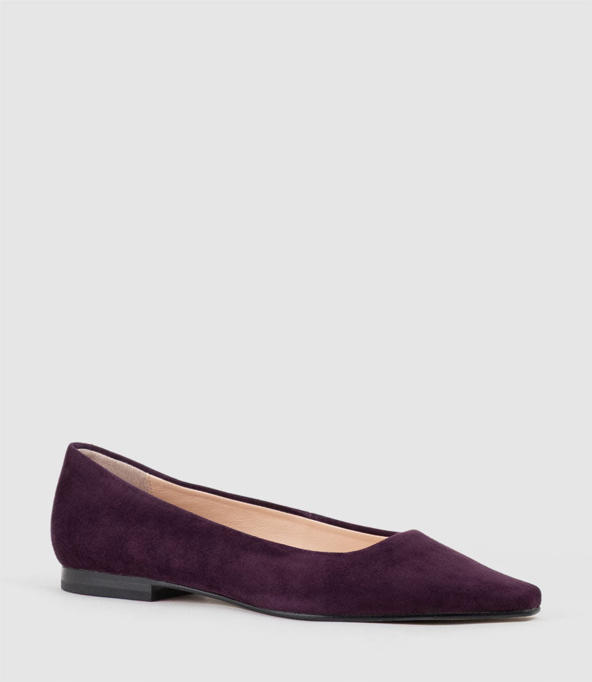 ELVY Chiselled Flat Pump in Eggplant Suede - Edward Meller