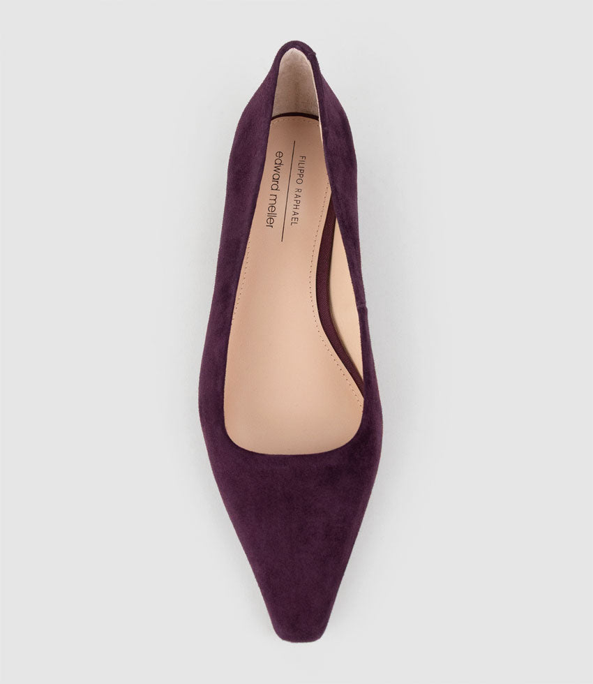 ELVY Chiselled Flat Pump in Eggplant Suede - Edward Meller