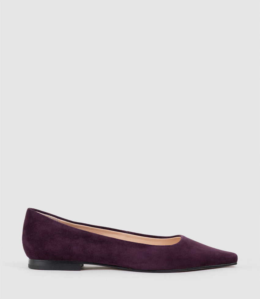 ELVY Chiselled Flat Pump in Eggplant Suede - Edward Meller