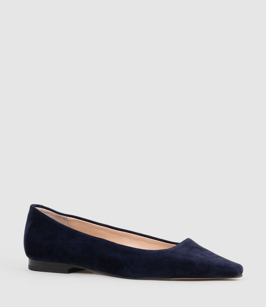 ELVY Chiselled Flat Pump in Navy Suede - Edward Meller