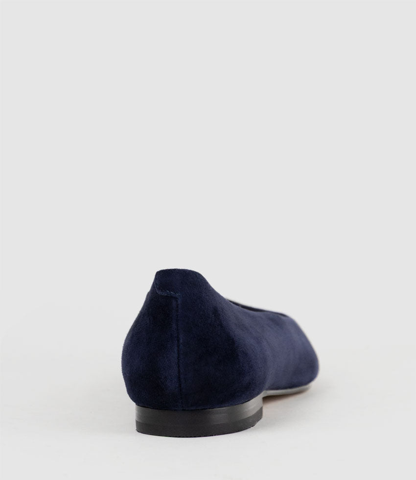 ELVY Chiselled Flat Pump in Navy Suede - Edward Meller