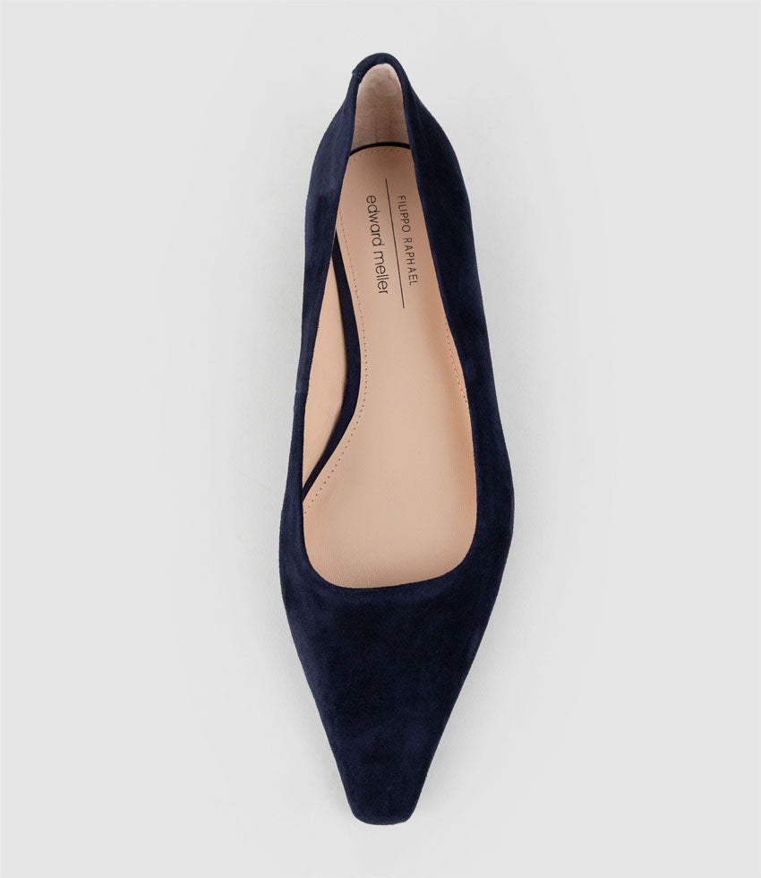 ELVY Chiselled Flat Pump in Navy Suede - Edward Meller