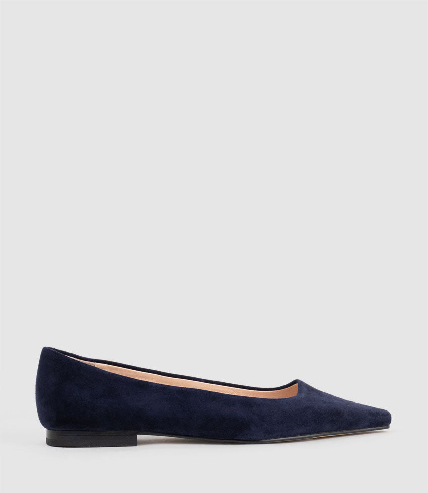 ELVY Chiselled Flat Pump in Navy Suede - Edward Meller