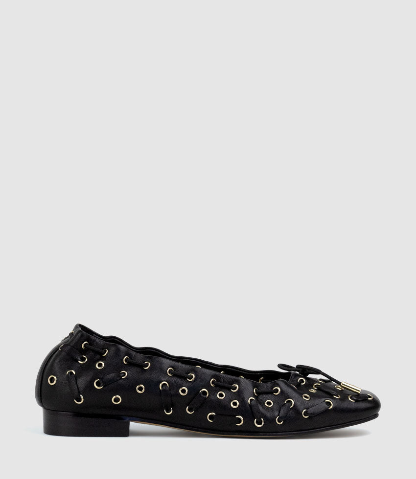 ERATA Square Toe Ballet with Eyelets in Black - Edward Meller