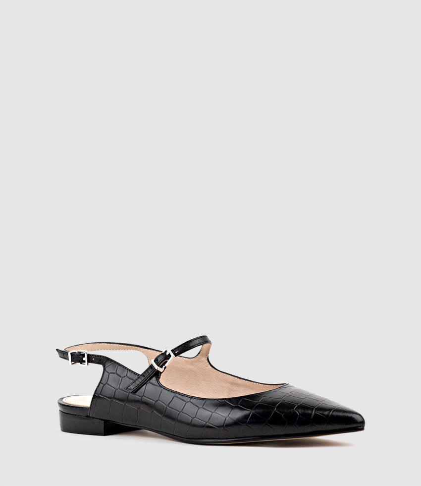 EUGENIA Flat Slingback with Strap in Black Croc - Edward Meller