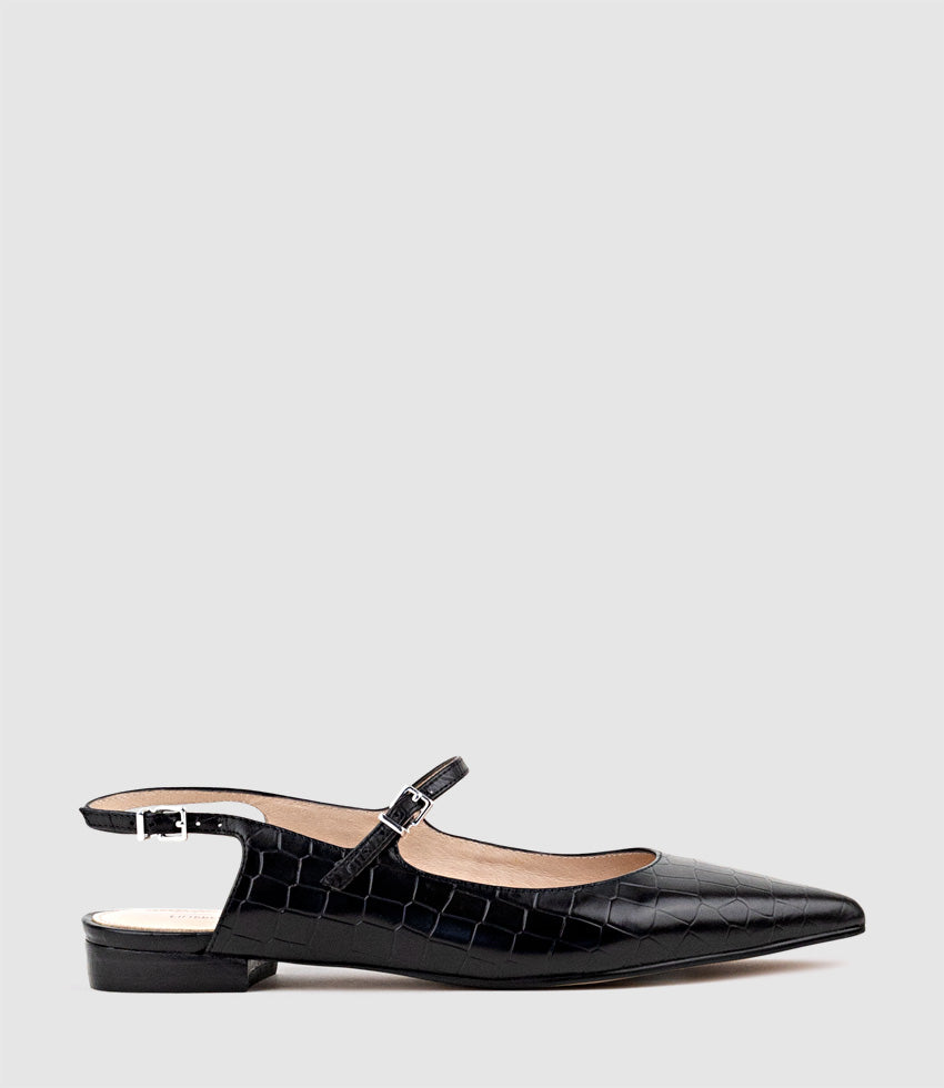 EUGENIA Flat Slingback with Strap in Black Croc - Edward Meller
