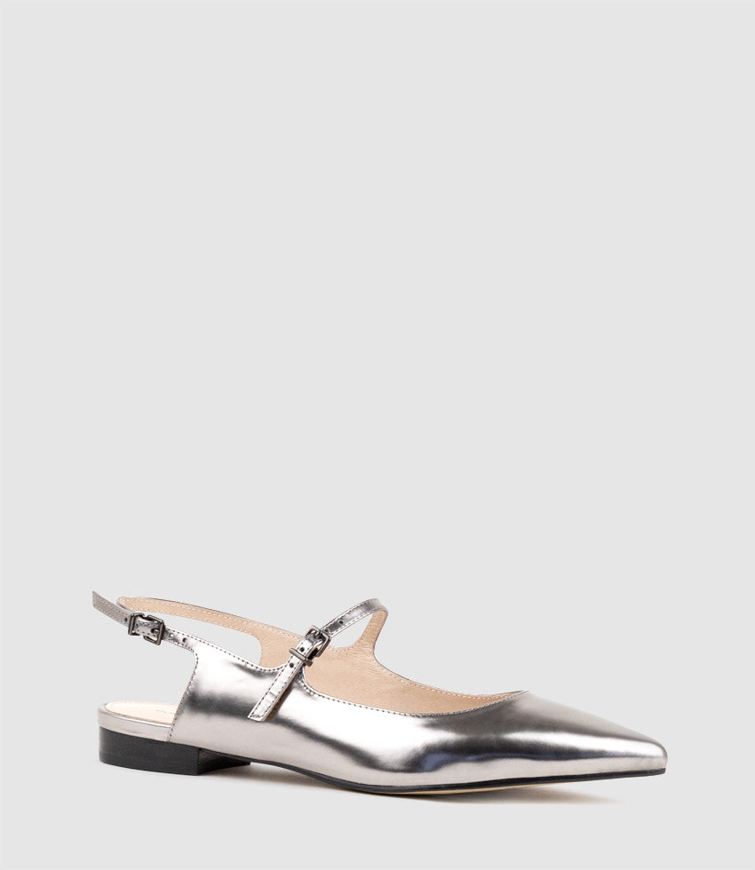 EUGENIA Flat Slingback with Strap in Pewter High Shine - Edward Meller