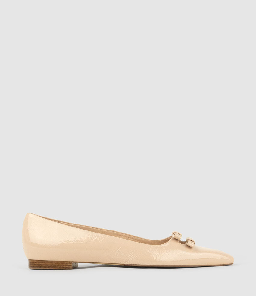 EVAINE Double Bow Flat Pump in Nude Crinkle Patent - Edward Meller