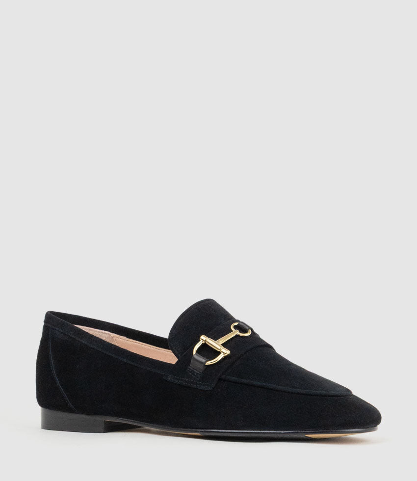 FAUSTINE Loafer with Asymmetrical Trim in Black Suede - Edward Meller