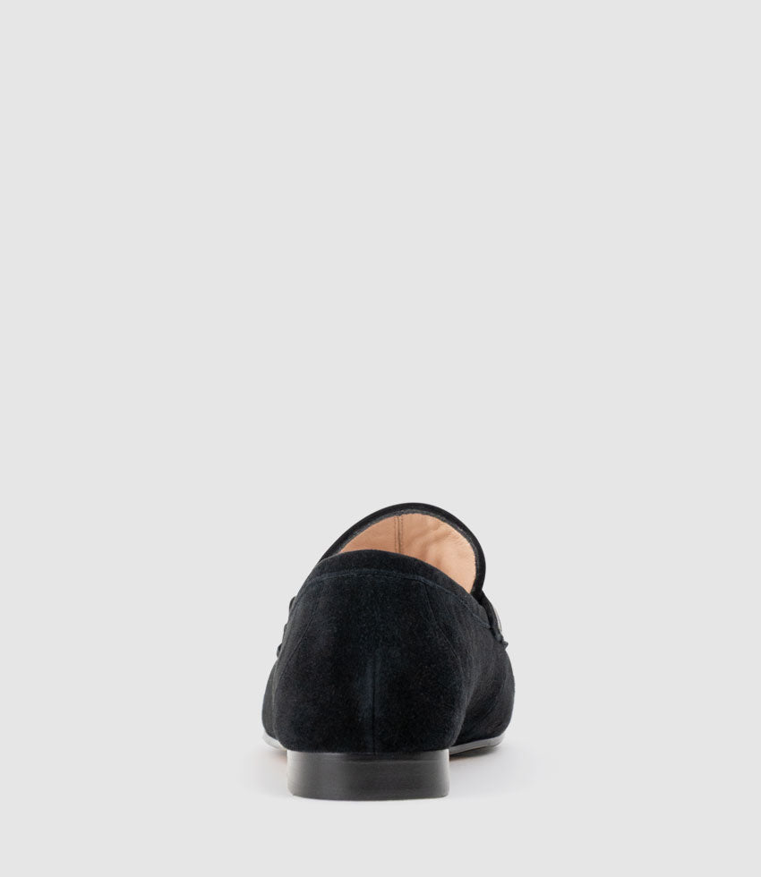 FAUSTINE Loafer with Asymmetrical Trim in Black Suede - Edward Meller