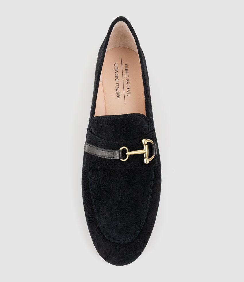 FAUSTINE Loafer with Asymmetrical Trim in Black Suede - Edward Meller