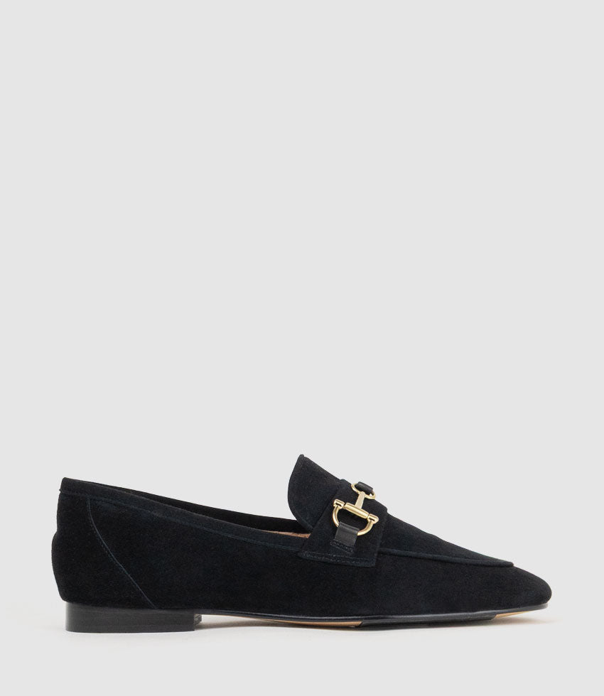 FAUSTINE Loafer with Asymmetrical Trim in Black Suede - Edward Meller