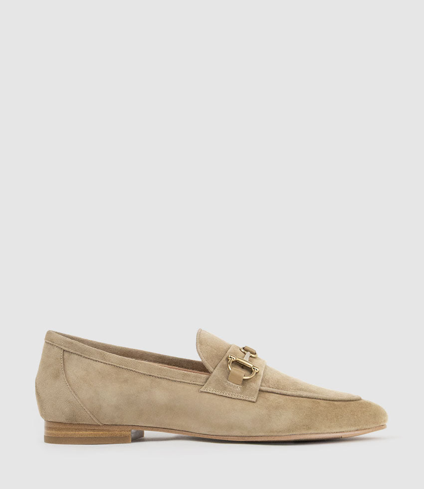 FAUSTINE Loafer with Asymmetrical Trim in Cashew Suede - Edward Meller
