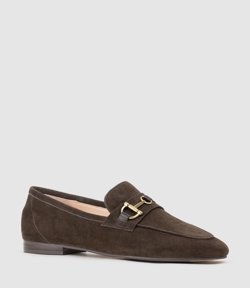 FAUSTINE Loafer with Asymmetrical Trim in Chocolate Suede - Edward Meller