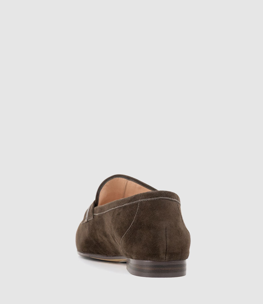FAUSTINE Loafer with Asymmetrical Trim in Chocolate Suede - Edward Meller