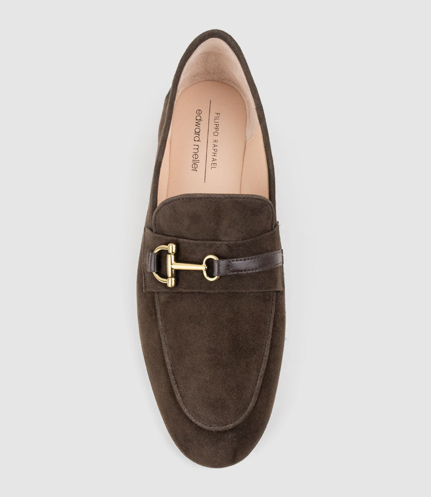 FAUSTINE Loafer with Asymmetrical Trim in Chocolate Suede - Edward Meller