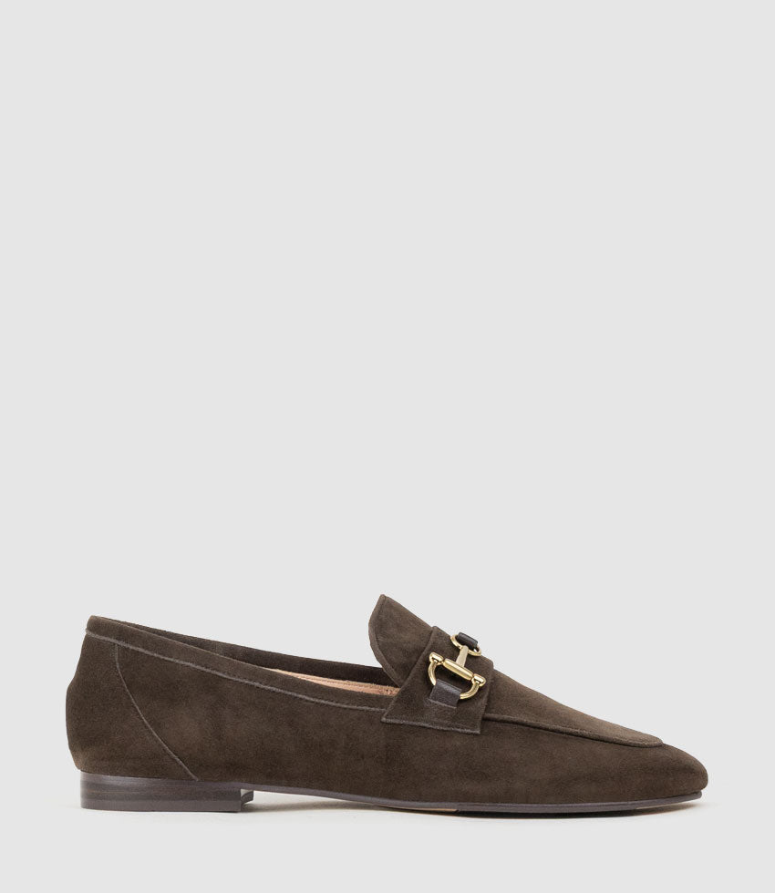 FAUSTINE Loafer with Asymmetrical Trim in Chocolate Suede - Edward Meller