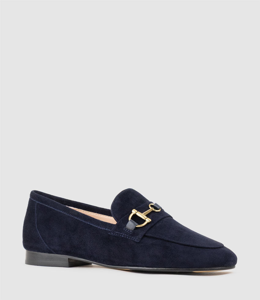 FAUSTINE Loafer with Asymmetrical Trim in Navy Suede - Edward Meller