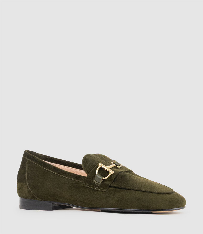 FAUSTINE Loafer with Asymmetrical Trim in Olive Suede