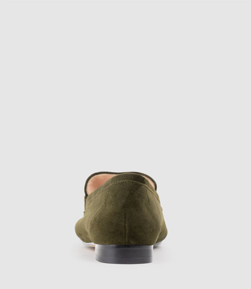 FAUSTINE Loafer with Asymmetrical Trim in Olive Suede