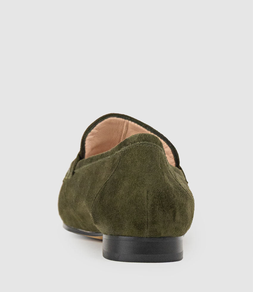 FAUSTINE Loafer with Asymmetrical Trim in Olive Suede - Edward Meller