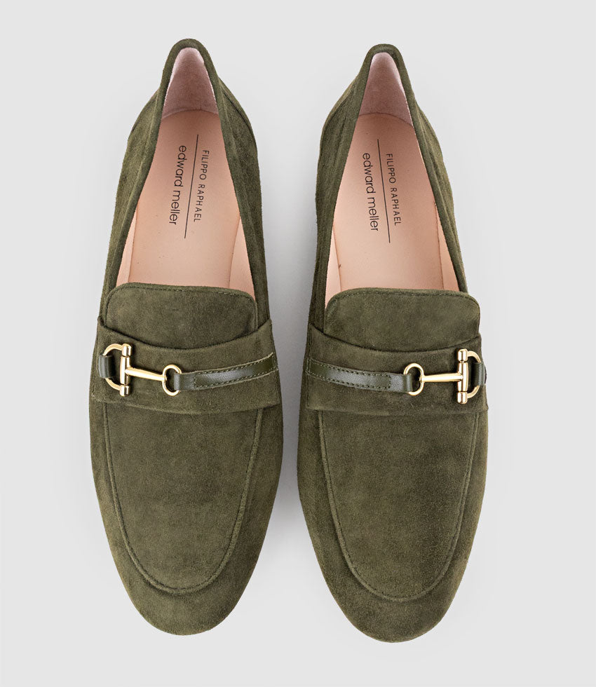 FAUSTINE Loafer with Asymmetrical Trim in Olive Suede - Edward Meller