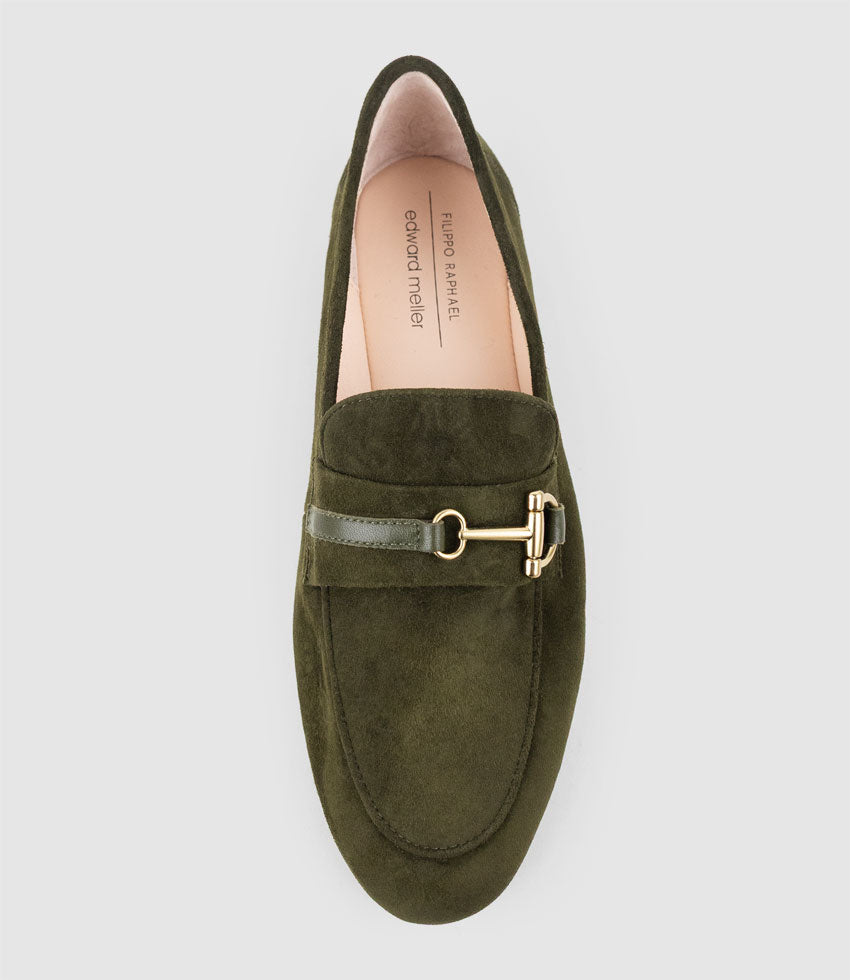 FAUSTINE Loafer with Asymmetrical Trim in Olive Suede