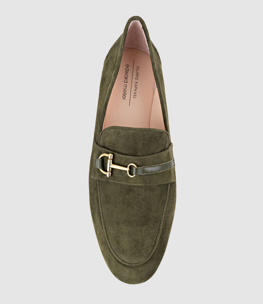 FAUSTINE Loafer with Asymmetrical Trim in Olive Suede - Edward Meller