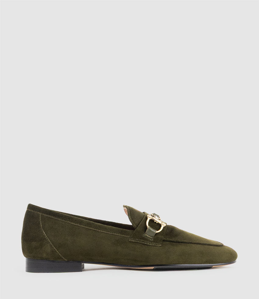 FAUSTINE Loafer with Asymmetrical Trim in Olive Suede