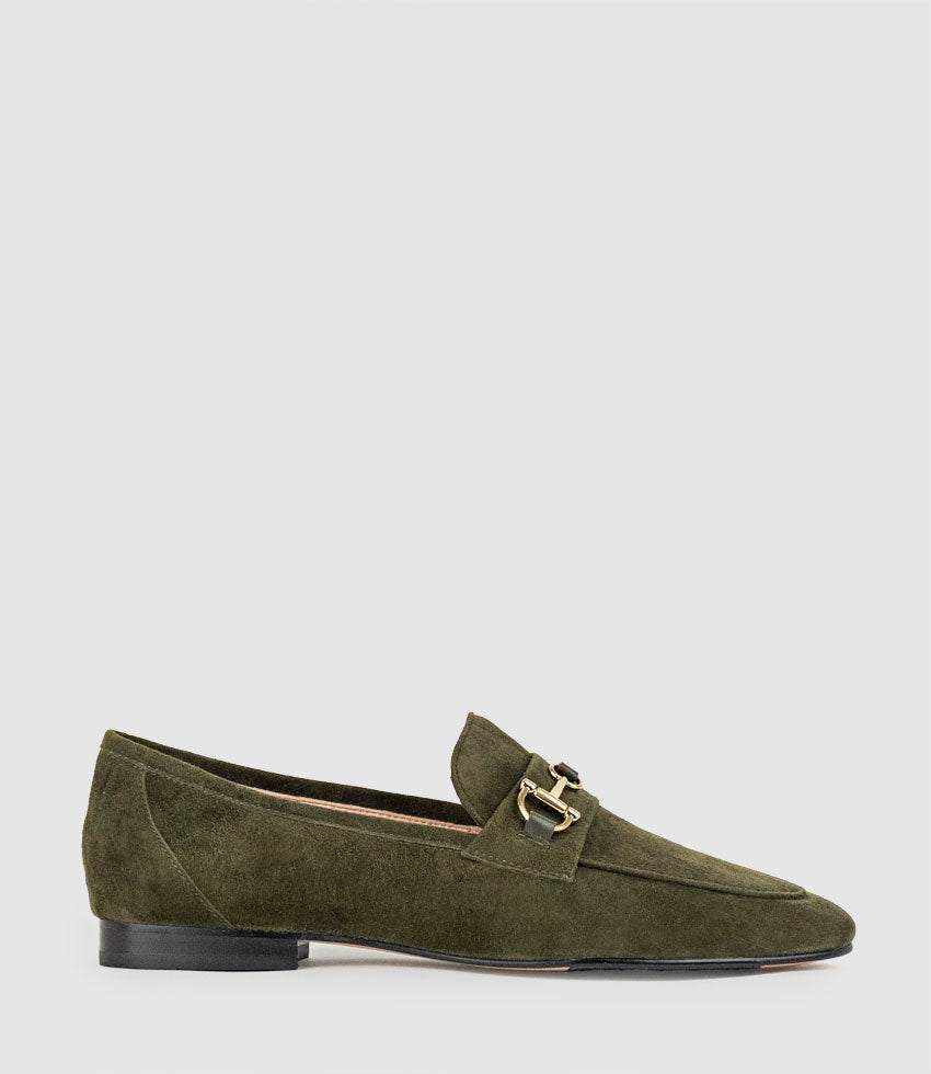 FAUSTINE Loafer with Asymmetrical Trim in Olive Suede - Edward Meller