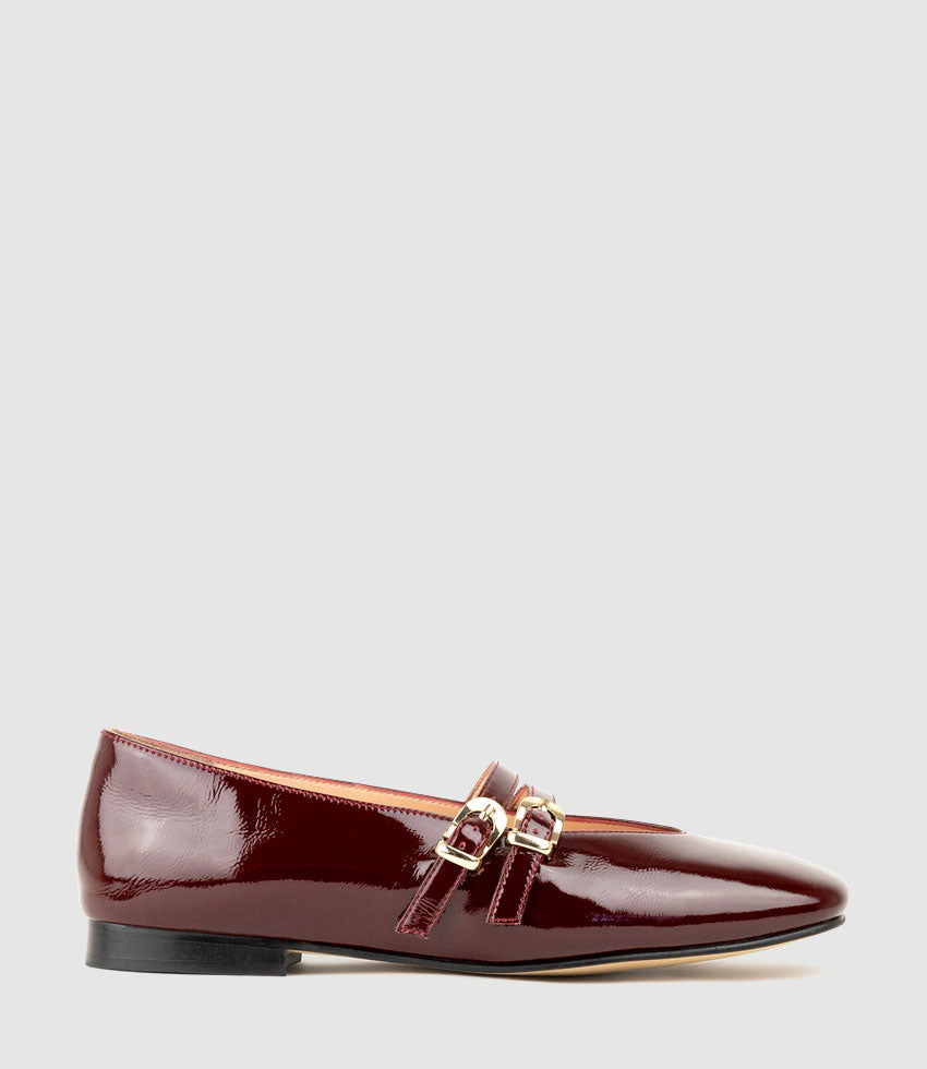 FILLY Double Buckle Ballet in Black Cherry Crinkle Pat - Edward Meller