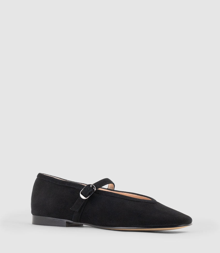 FLAVIA Choked Up Ballet with Strap in Black Suede - Edward Meller