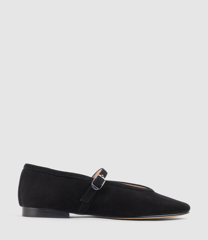FLAVIA Choked Up Ballet with Strap in Black Suede - Edward Meller