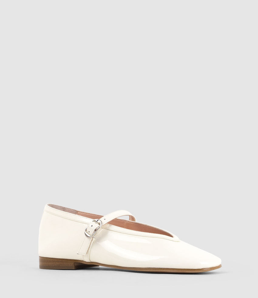 FLAVIA Choked Up Ballet with Strap in Bone Crinkle Patent - Edward Meller