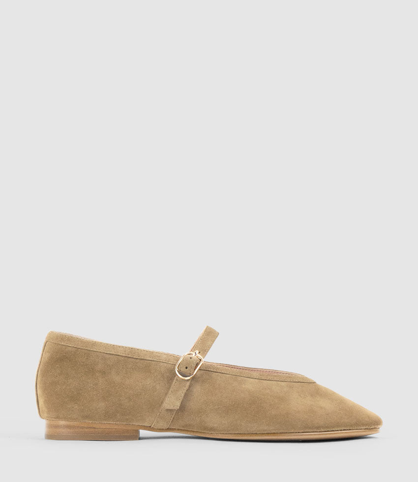 FLAVIA Choked Up Ballet with Strap in Cashew Suede - Edward Meller