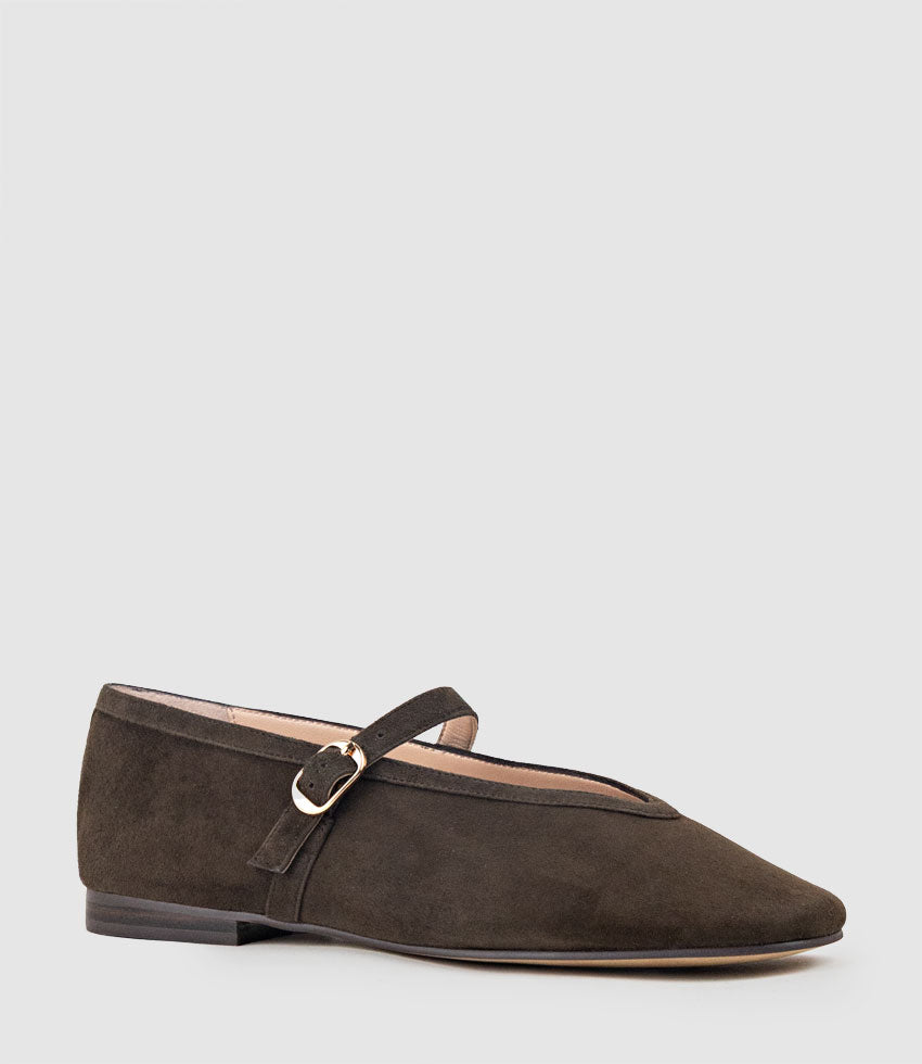 FLAVIA Choked Up Ballet with Strap in Chocolate Suede - Edward Meller