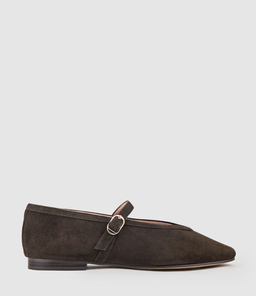 FLAVIA Choked Up Ballet with Strap in Chocolate Suede - Edward Meller