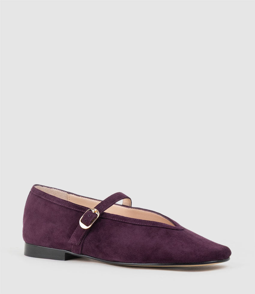 FLAVIA Choked Up Ballet with Strap in Eggplant Suede - Edward Meller