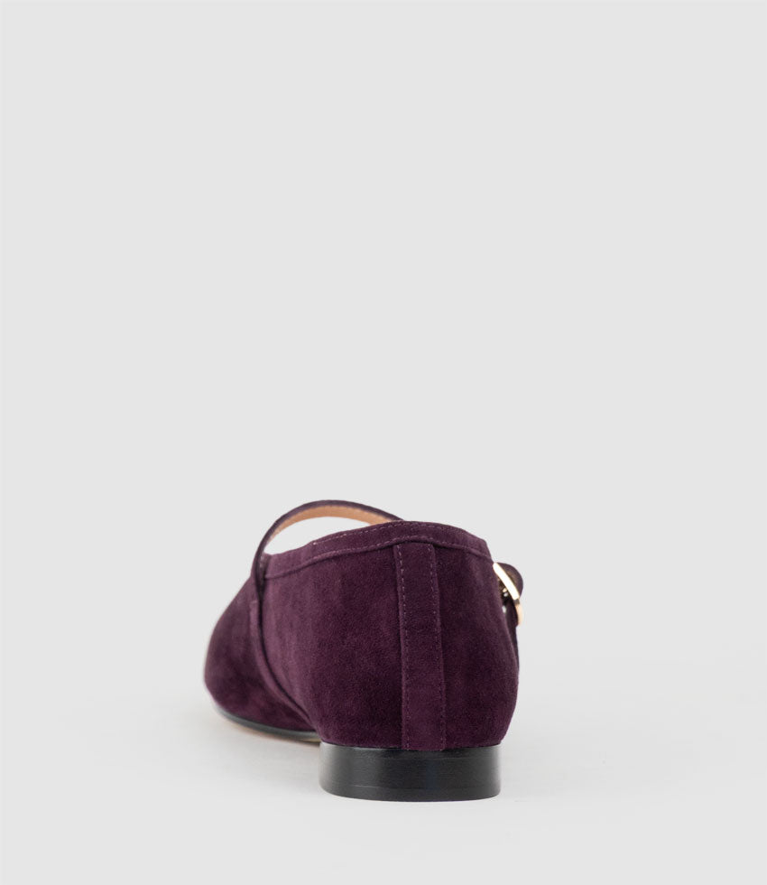 FLAVIA Choked Up Ballet with Strap in Eggplant Suede - Edward Meller