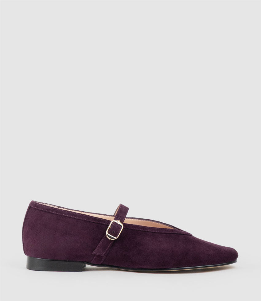 FLAVIA Choked Up Ballet with Strap in Eggplant Suede - Edward Meller