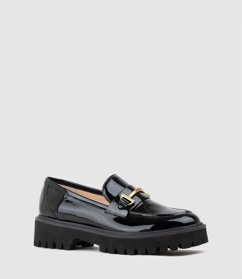 GAVREL Chunky Moccasin with Bar Trim in Black Patent - Edward Meller