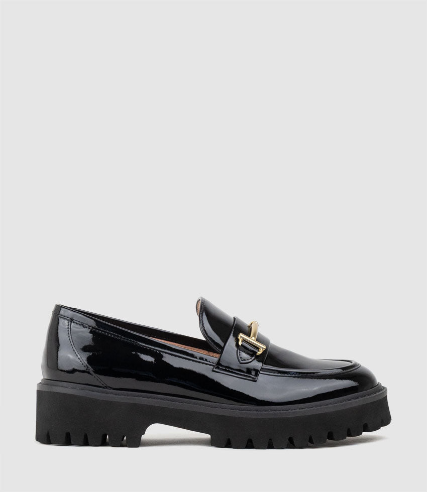 GAVREL Chunky Moccasin with Bar Trim in Black Patent - Edward Meller