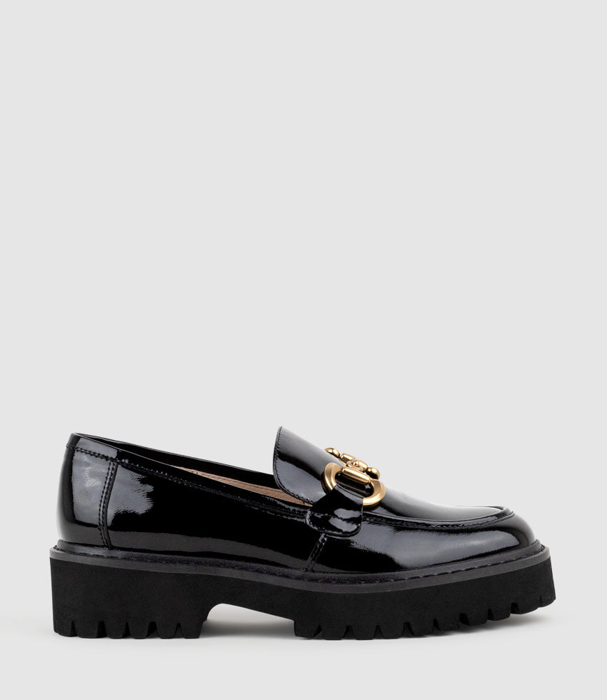 GIDEON Moccasin on Chunky Sole in Black Patent - Edward Meller