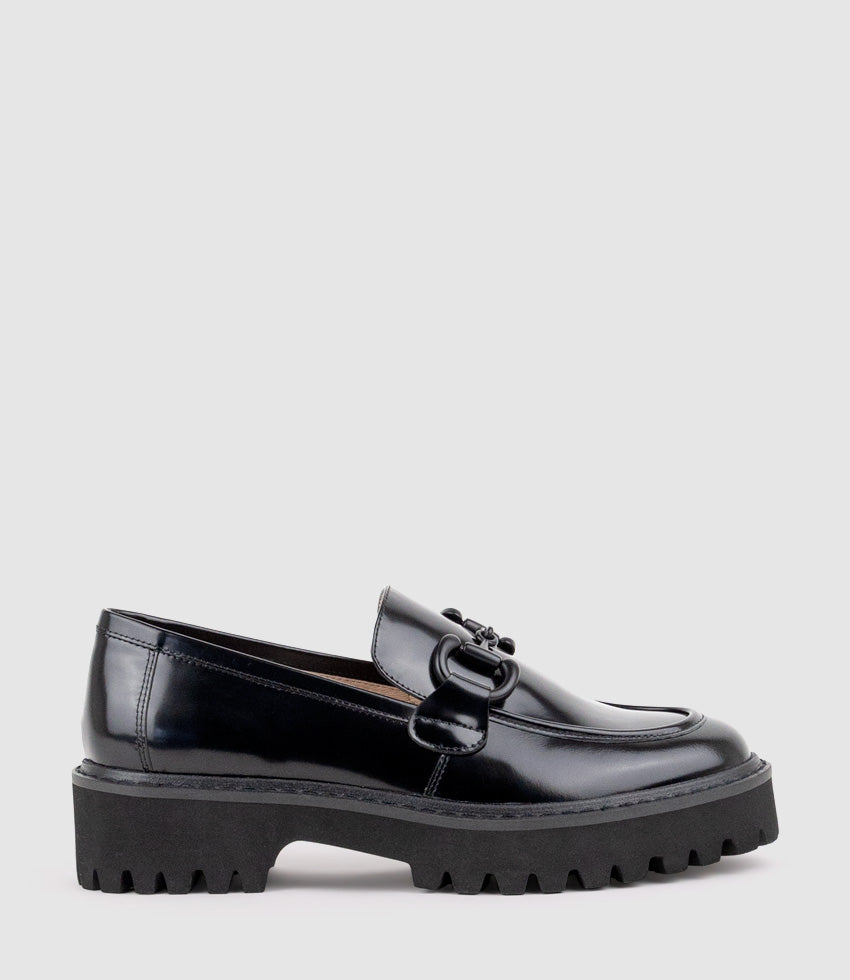 GIDEON Moccasin on Chunky Sole in Black High Shine - Edward Meller