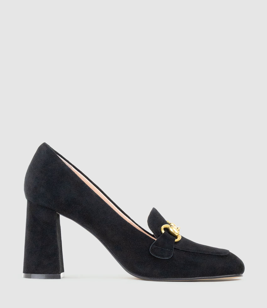 HADLEY85 Heeled Loafer in Black Suede