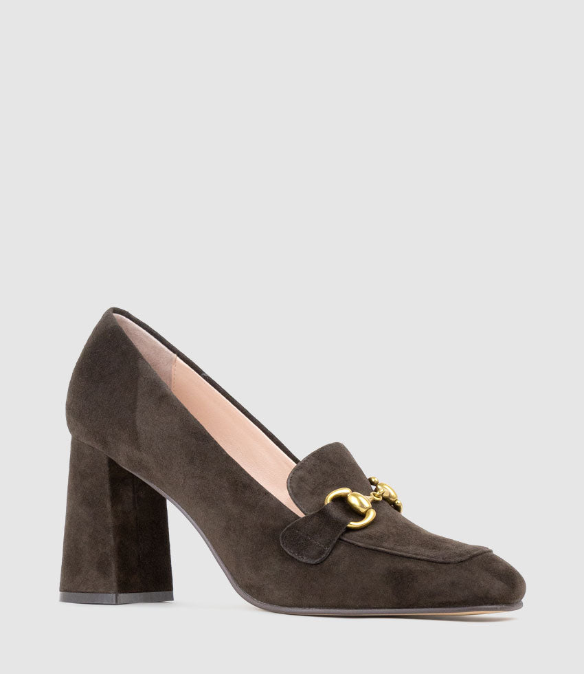 HADLEY85 Heeled Loafer in Chocolate Suede